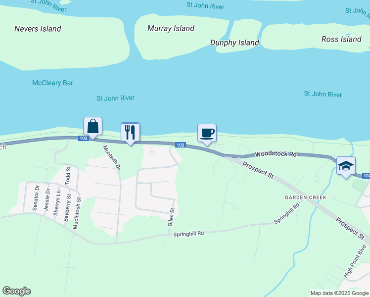 map of restaurants, bars, coffee shops, grocery stores, and more near 1748 Woodstock Road in Fredericton
