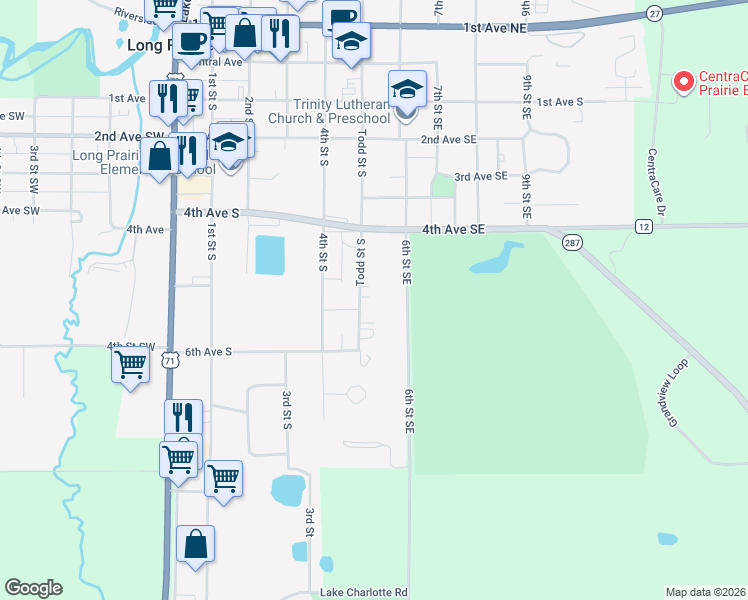 map of restaurants, bars, coffee shops, grocery stores, and more near 436 Todd Street South in Long Prairie