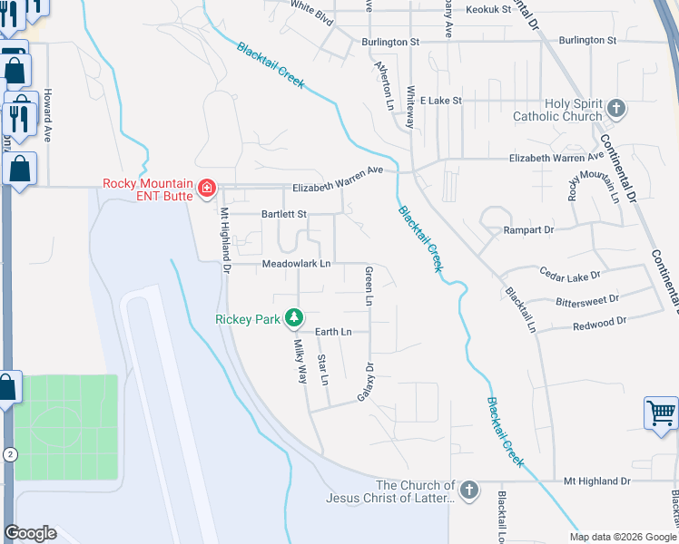 map of restaurants, bars, coffee shops, grocery stores, and more near 3001 Meadowlark Lane in Butte