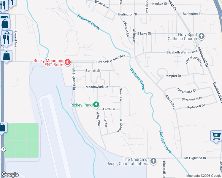 map of restaurants, bars, coffee shops, grocery stores, and more near 3001 Meadowlark Lane in Butte