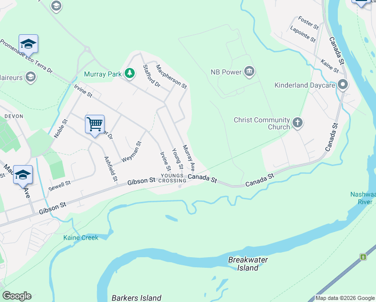 map of restaurants, bars, coffee shops, grocery stores, and more near in Fredericton