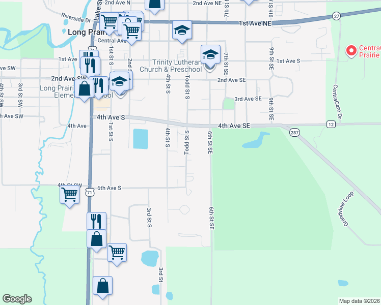 map of restaurants, bars, coffee shops, grocery stores, and more near 436 Todd Street South in Long Prairie