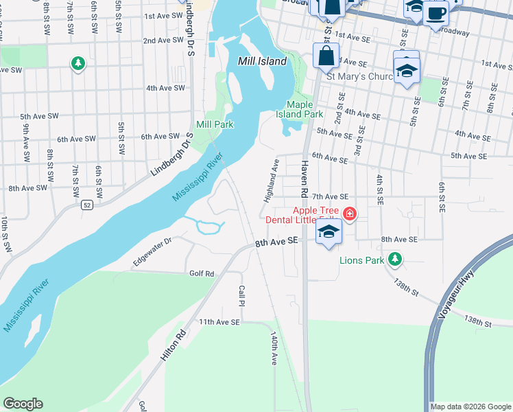 map of restaurants, bars, coffee shops, grocery stores, and more near 812 Highland Avenue in Little Falls
