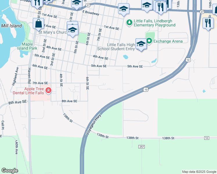 map of restaurants, bars, coffee shops, grocery stores, and more near 775 Buck Lane in Little Falls