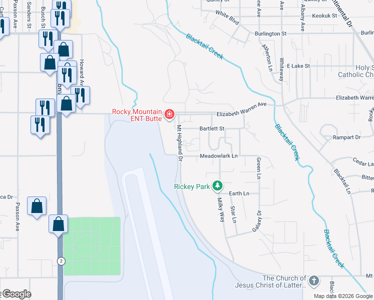 map of restaurants, bars, coffee shops, grocery stores, and more near 2800 Meadowlark Lane in Butte