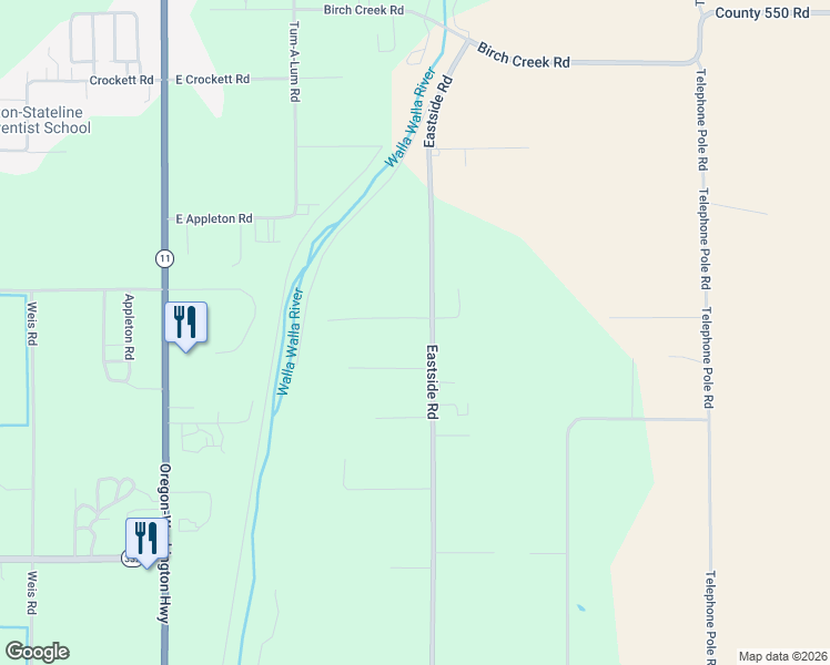map of restaurants, bars, coffee shops, grocery stores, and more near 84755 Eastside Road in Milton-Freewater