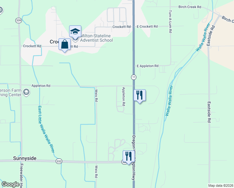 map of restaurants, bars, coffee shops, grocery stores, and more near 53752 Appleton Road in Milton-Freewater