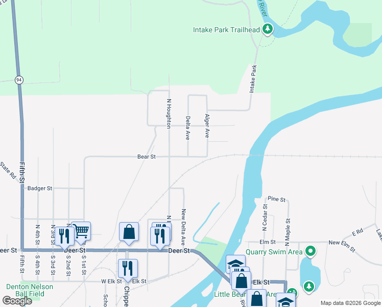 map of restaurants, bars, coffee shops, grocery stores, and more near 301 Bear Street in Manistique