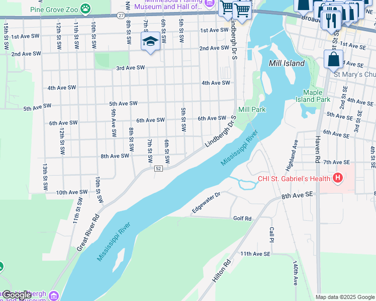 map of restaurants, bars, coffee shops, grocery stores, and more near 412 8th Avenue Southwest in Little Falls