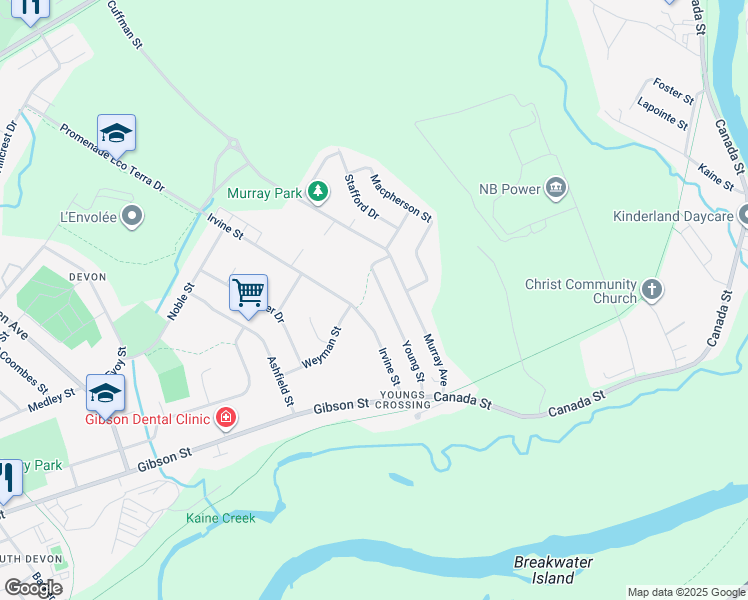 map of restaurants, bars, coffee shops, grocery stores, and more near 33 Young Street in Fredericton