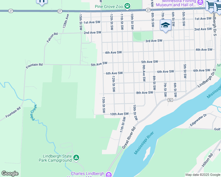 map of restaurants, bars, coffee shops, grocery stores, and more near 804 12th Street Southwest in Little Falls