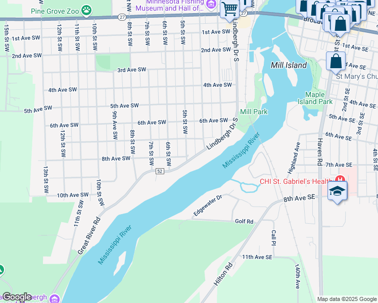 map of restaurants, bars, coffee shops, grocery stores, and more near 412 8th Avenue Southwest in Little Falls