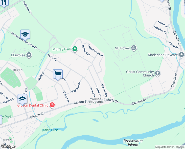 map of restaurants, bars, coffee shops, grocery stores, and more near 40 Young Street in Fredericton