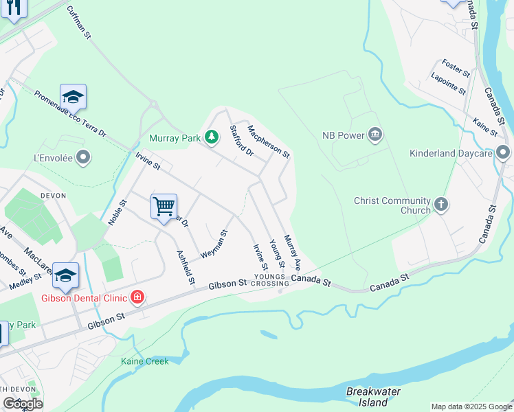 map of restaurants, bars, coffee shops, grocery stores, and more near 33 Young Street in Fredericton