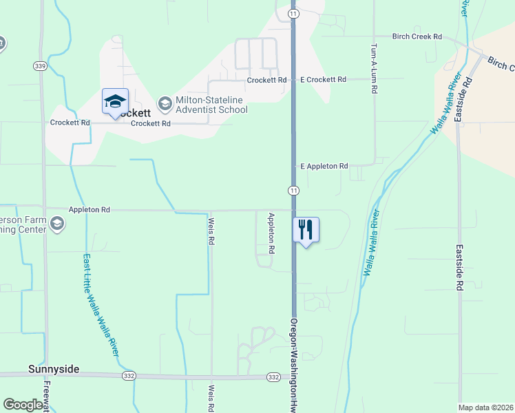 map of restaurants, bars, coffee shops, grocery stores, and more near 53752 Appleton Road in Milton-Freewater