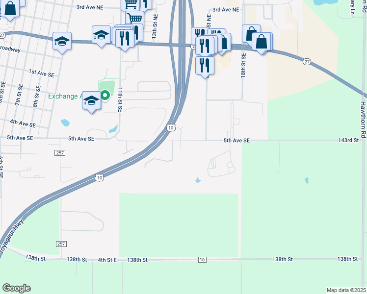 map of restaurants, bars, coffee shops, grocery stores, and more near 1410 5th Avenue Southeast in Little Falls