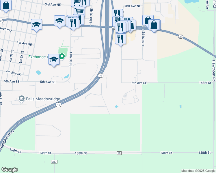 map of restaurants, bars, coffee shops, grocery stores, and more near 1410 5th Avenue Southeast in Little Falls