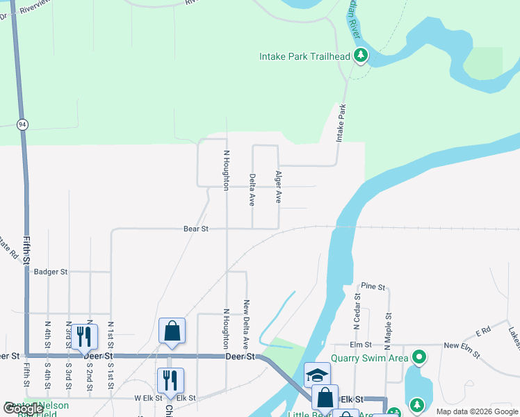 map of restaurants, bars, coffee shops, grocery stores, and more near 301-315 Bear Street in Manistique