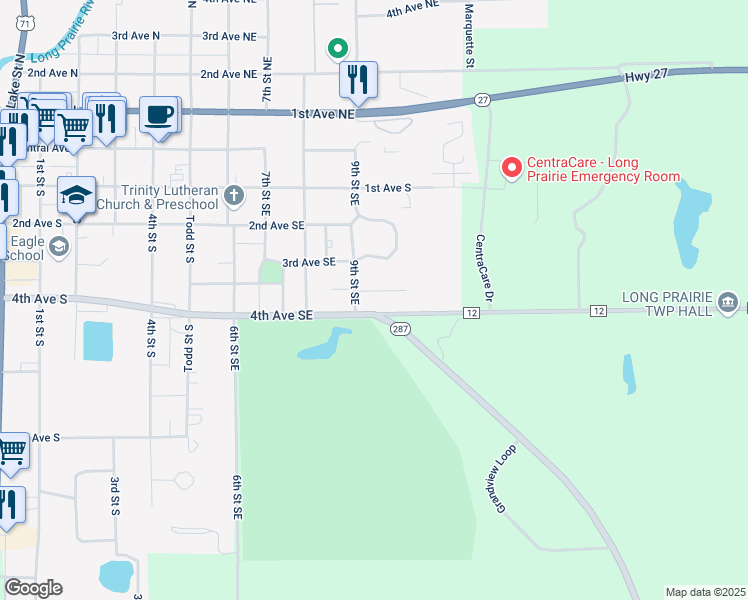 map of restaurants, bars, coffee shops, grocery stores, and more near in Long Prairie
