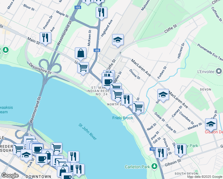 map of restaurants, bars, coffee shops, grocery stores, and more near 539 Union Street in Fredericton