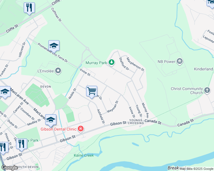 map of restaurants, bars, coffee shops, grocery stores, and more near Irvine Street in Fredericton