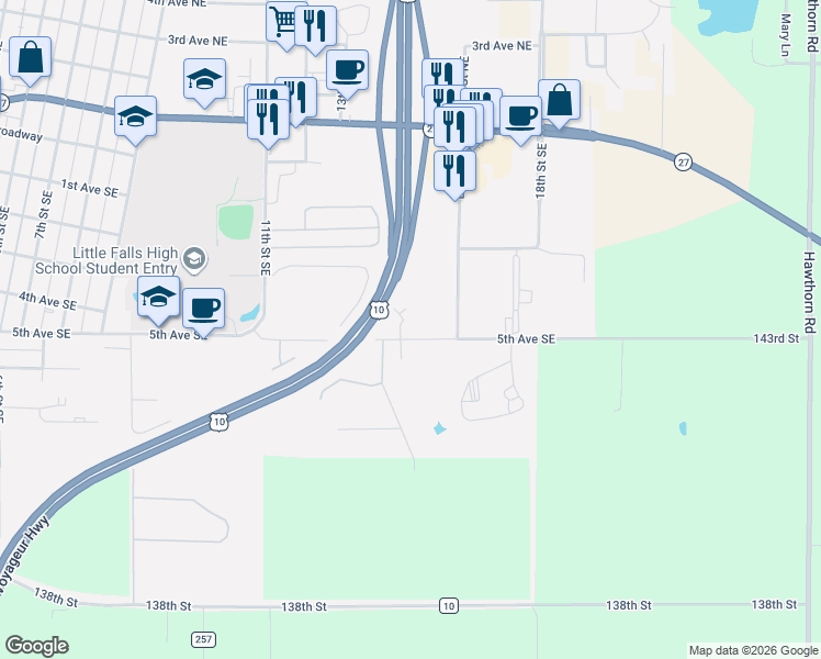 map of restaurants, bars, coffee shops, grocery stores, and more near 1401 5th Avenue Southeast in Little Falls