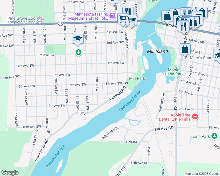 map of restaurants, bars, coffee shops, grocery stores, and more near 703 4th Street Southwest in Little Falls