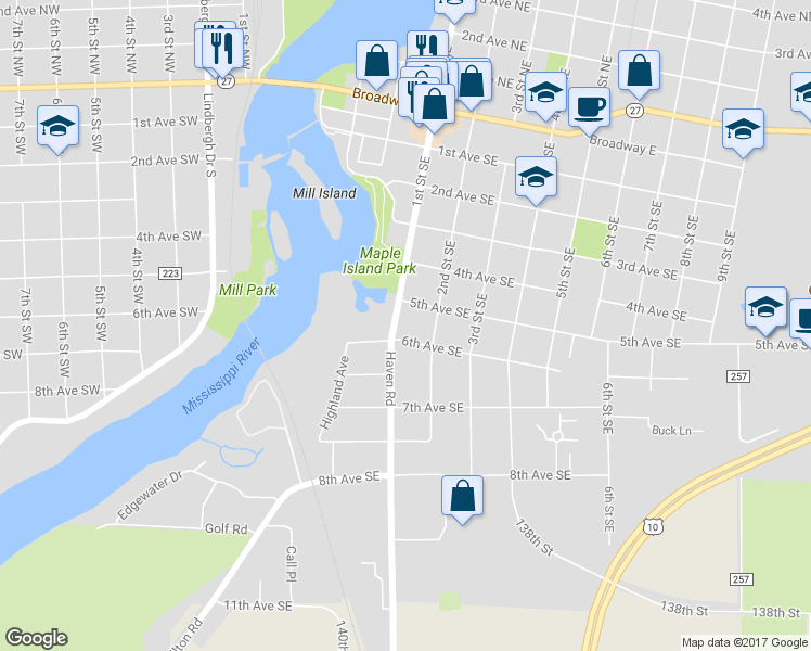 map of restaurants, bars, coffee shops, grocery stores, and more near 609 1st Street Southeast in Little Falls