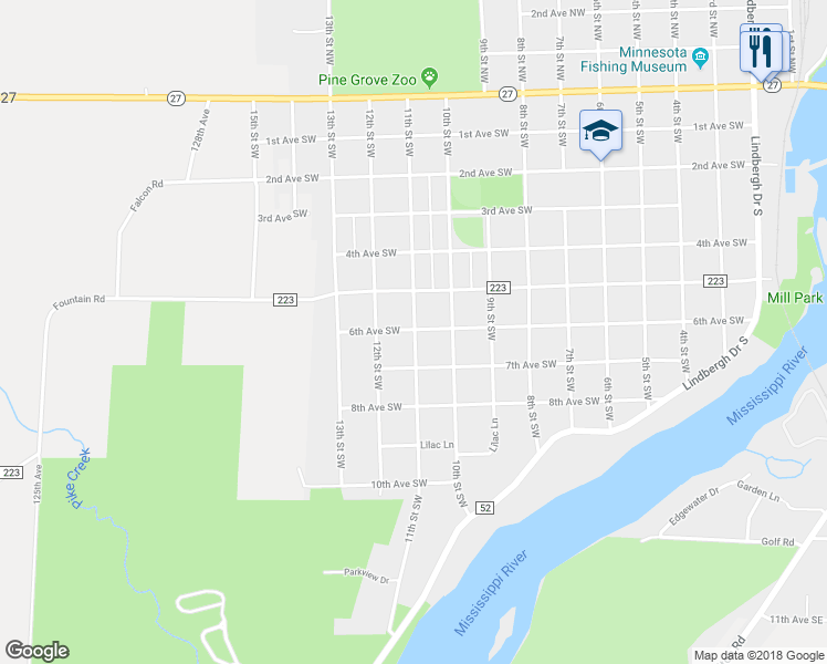 map of restaurants, bars, coffee shops, grocery stores, and more near 706 11th Street Southwest in Little Falls