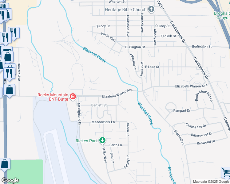 map of restaurants, bars, coffee shops, grocery stores, and more near 2949 Burke Lane in Butte