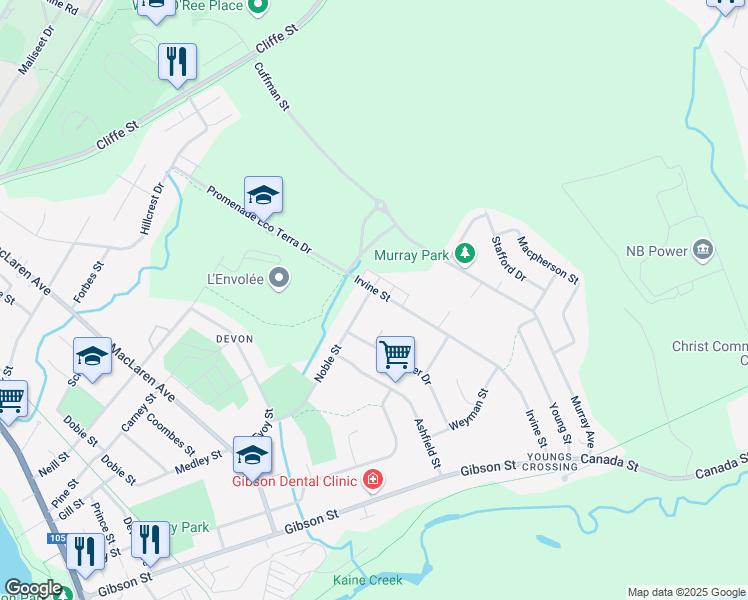 map of restaurants, bars, coffee shops, grocery stores, and more near 254 Noble Street in Fredericton