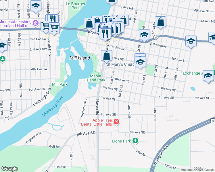 map of restaurants, bars, coffee shops, grocery stores, and more near 609 1st Street Southeast in Little Falls