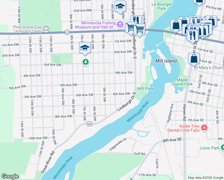 map of restaurants, bars, coffee shops, grocery stores, and more near 703 4th Street Southwest in Little Falls