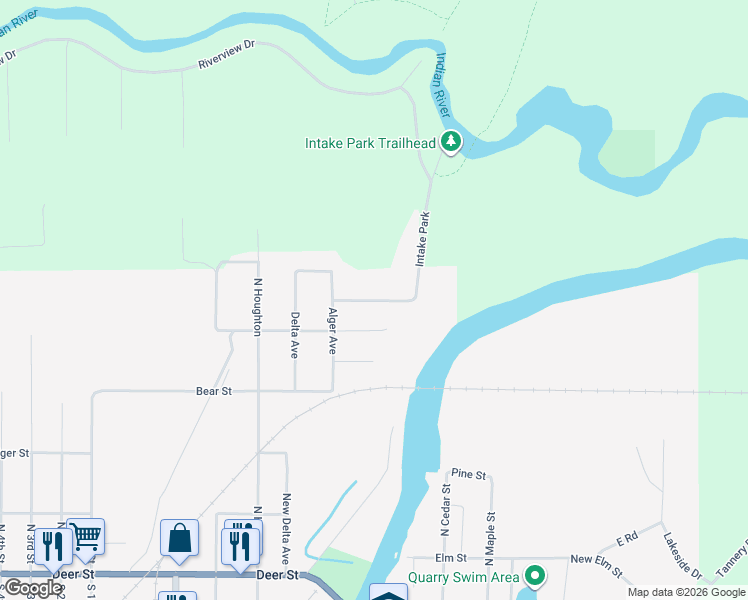 map of restaurants, bars, coffee shops, grocery stores, and more near Intake Park in Manistique