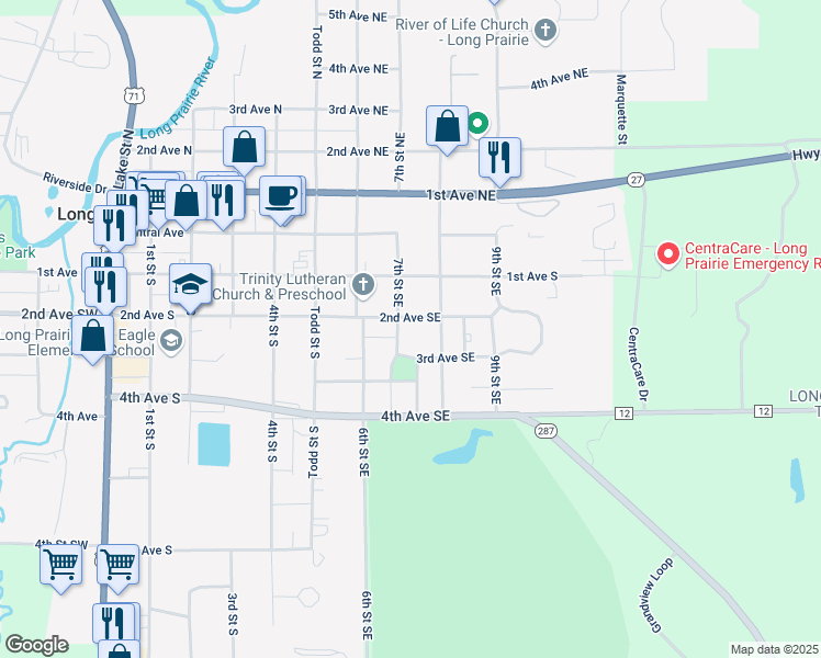 map of restaurants, bars, coffee shops, grocery stores, and more near 710 2nd Avenue Southeast in Long Prairie