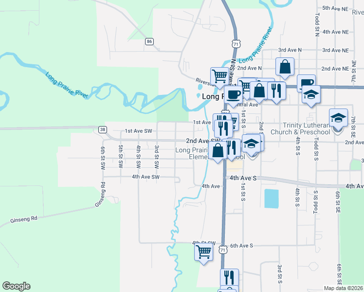 map of restaurants, bars, coffee shops, grocery stores, and more near 116 2nd Avenue Southwest in Long Prairie