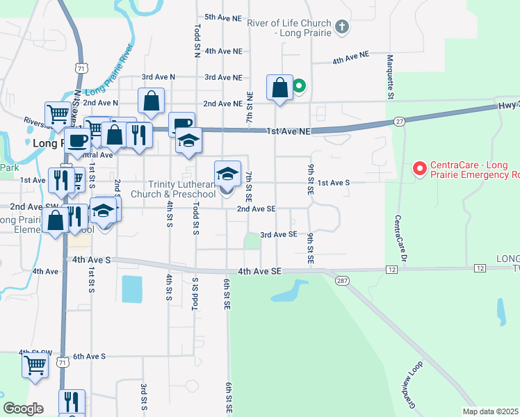 map of restaurants, bars, coffee shops, grocery stores, and more near 710 2nd Avenue Southeast in Long Prairie