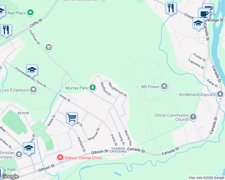 map of restaurants, bars, coffee shops, grocery stores, and more near 375 Macpherson Street in Fredericton