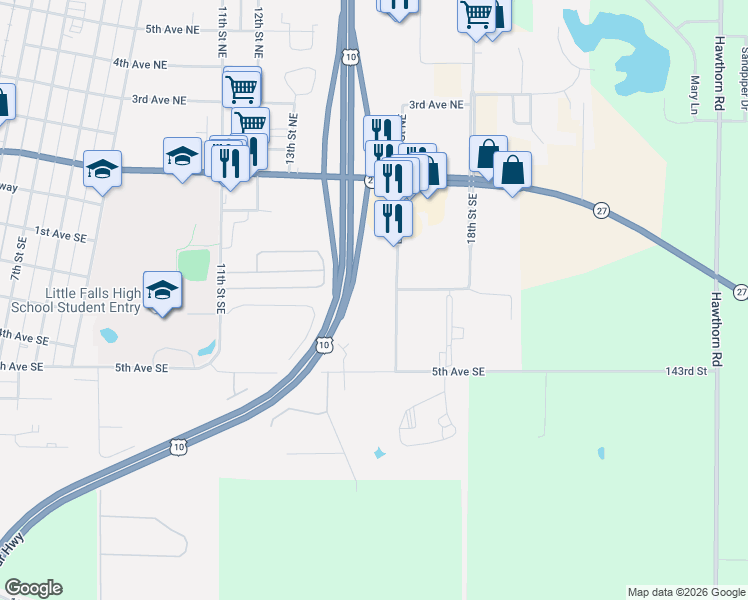 map of restaurants, bars, coffee shops, grocery stores, and more near 320 Lemieur Street in Little Falls