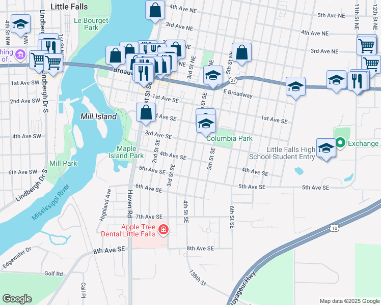 map of restaurants, bars, coffee shops, grocery stores, and more near 408 4th Street Northeast in Little Falls