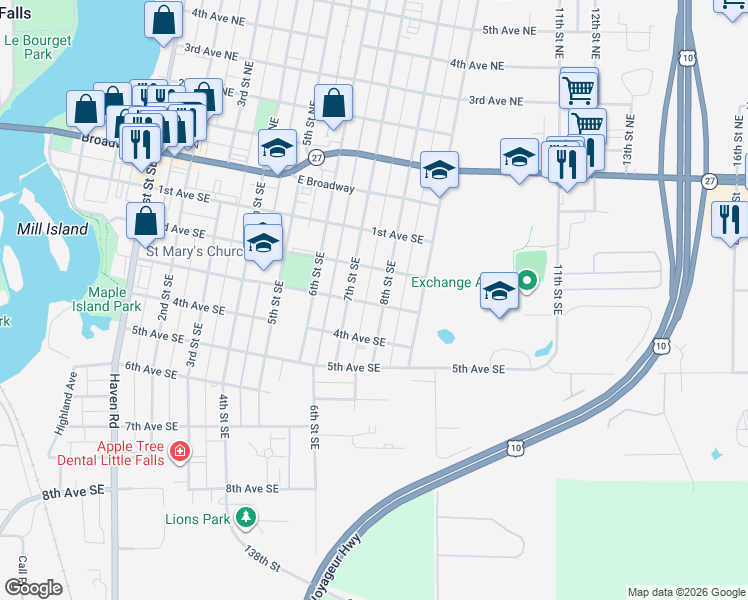 map of restaurants, bars, coffee shops, grocery stores, and more near 314 8th Street Northeast in Little Falls
