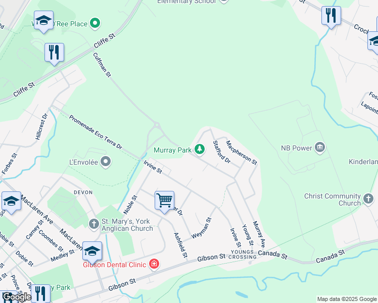 map of restaurants, bars, coffee shops, grocery stores, and more near 129 Murray Avenue in Fredericton