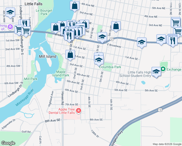 map of restaurants, bars, coffee shops, grocery stores, and more near 408 4th Street Northeast in Little Falls