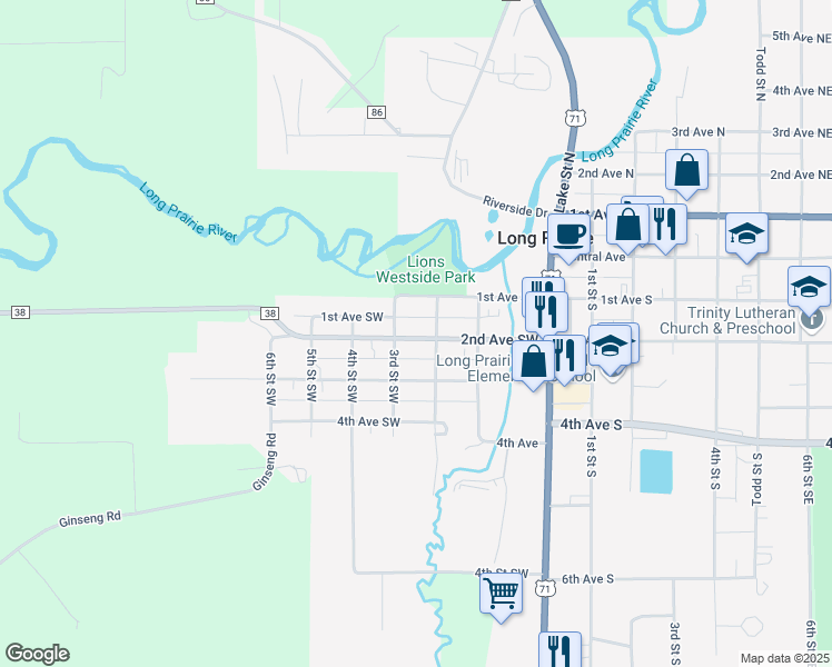 map of restaurants, bars, coffee shops, grocery stores, and more near 212 2nd Avenue Southwest in Long Prairie