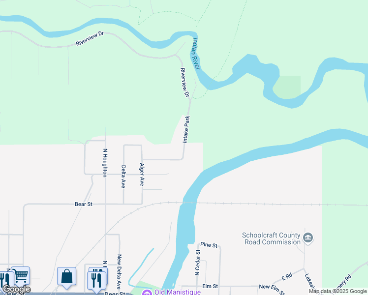 map of restaurants, bars, coffee shops, grocery stores, and more near Riverview Drive in Manistique