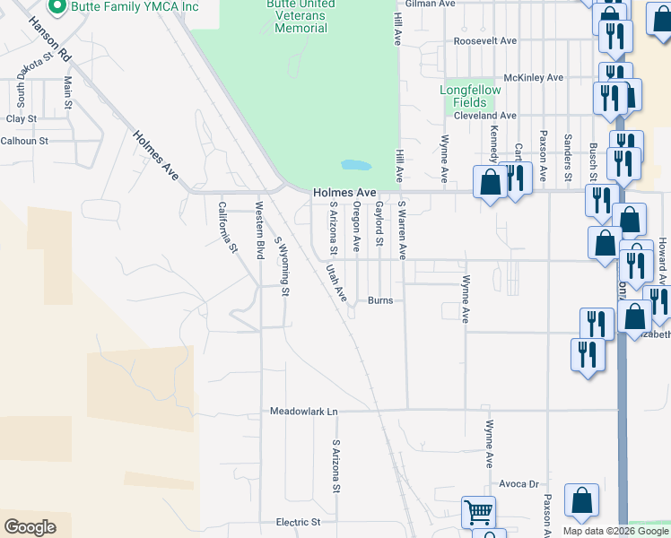 map of restaurants, bars, coffee shops, grocery stores, and more near 912 Longfellow Street in Butte