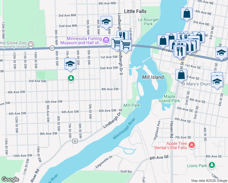 map of restaurants, bars, coffee shops, grocery stores, and more near 513 3rd Street Southwest in Little Falls