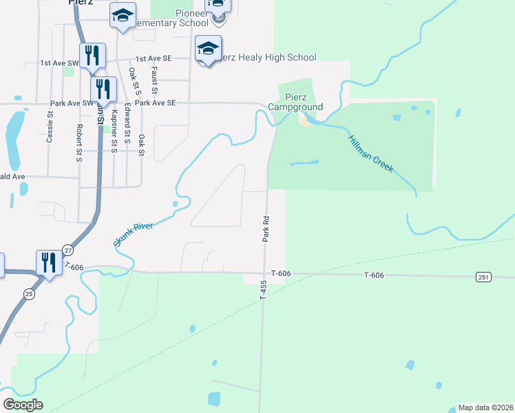 map of restaurants, bars, coffee shops, grocery stores, and more near 620 Park Avenue Southeast in Pierz