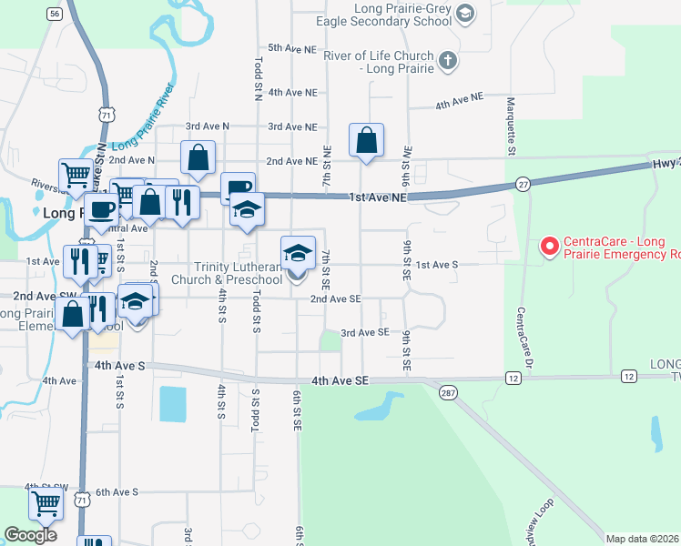 map of restaurants, bars, coffee shops, grocery stores, and more near 710 2nd Avenue Southeast in Long Prairie