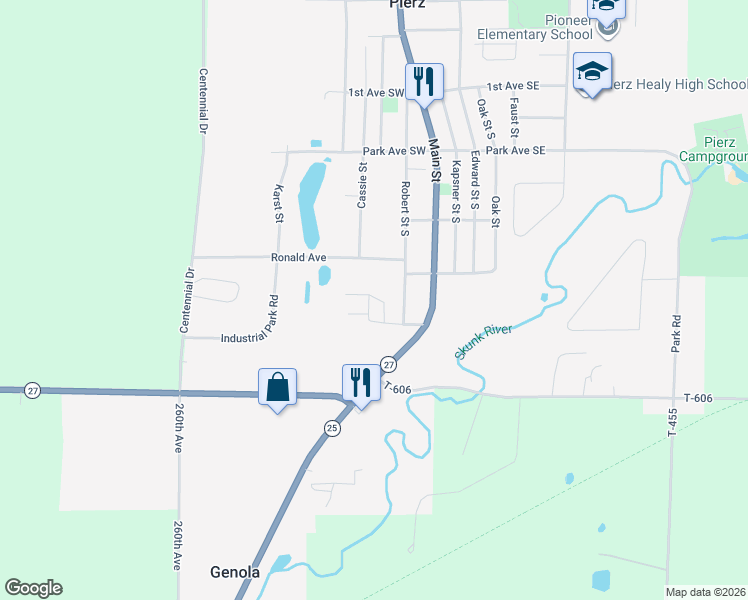 map of restaurants, bars, coffee shops, grocery stores, and more near 525 Robert Street South in Pierz